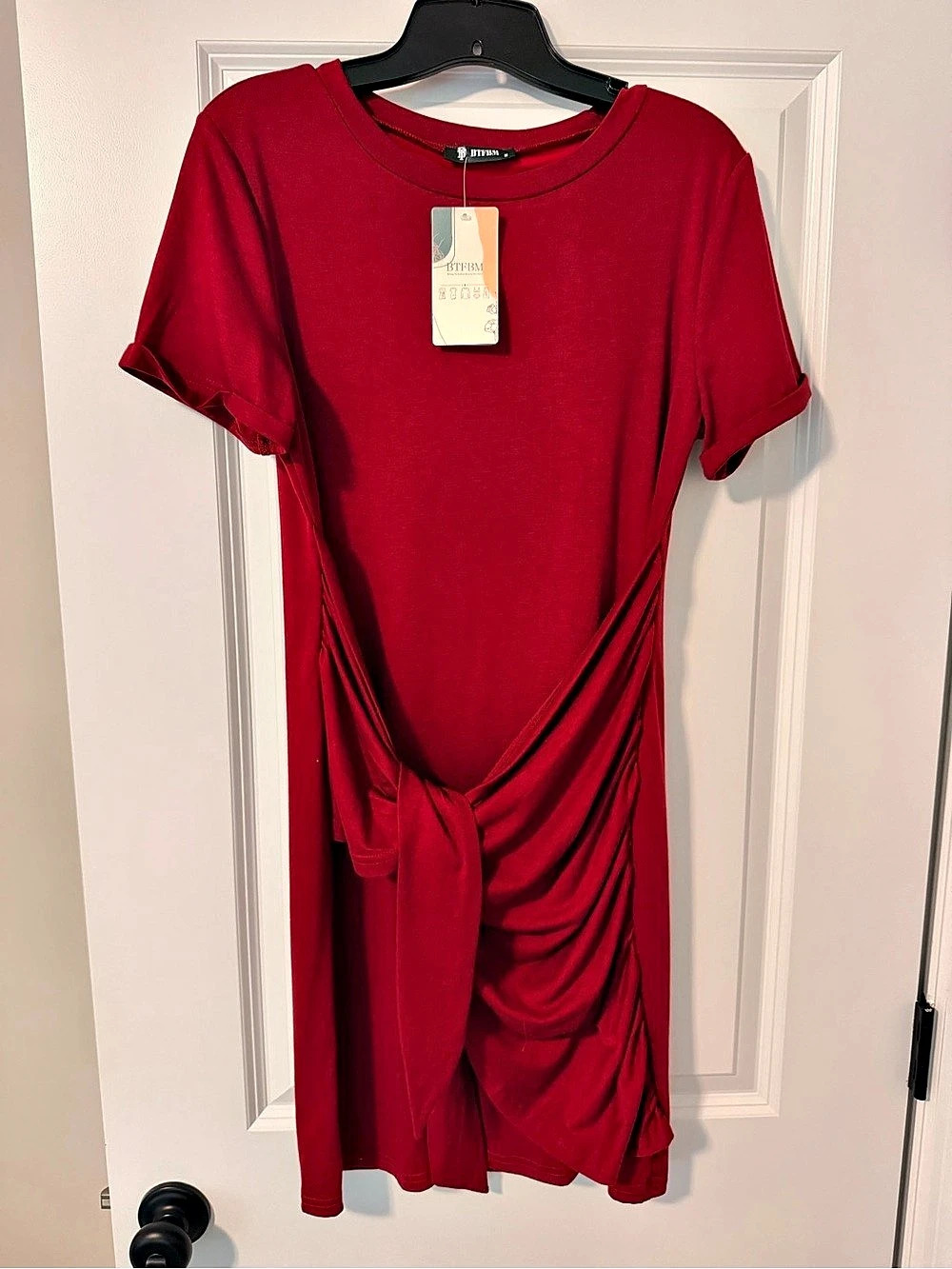 BTFBM Burgundy Ruched Tie Waist Midi Dress M NWT
